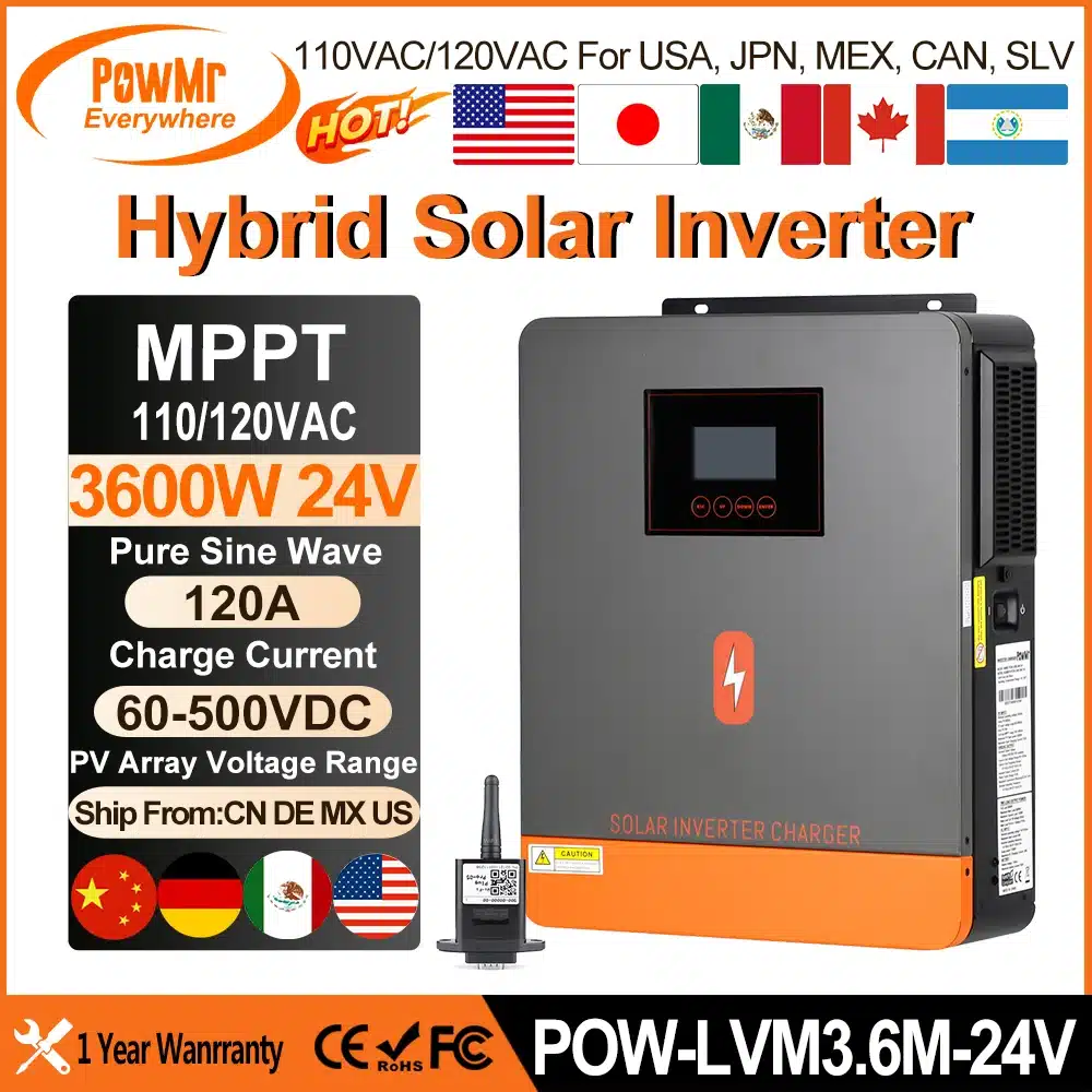 PowMr 3.6KW Hybrid Solar Inverter 24V to 110V 120V With Pure Sine Wave 120A MPPT Solar Charge Controller for 60~500V Solar Panel