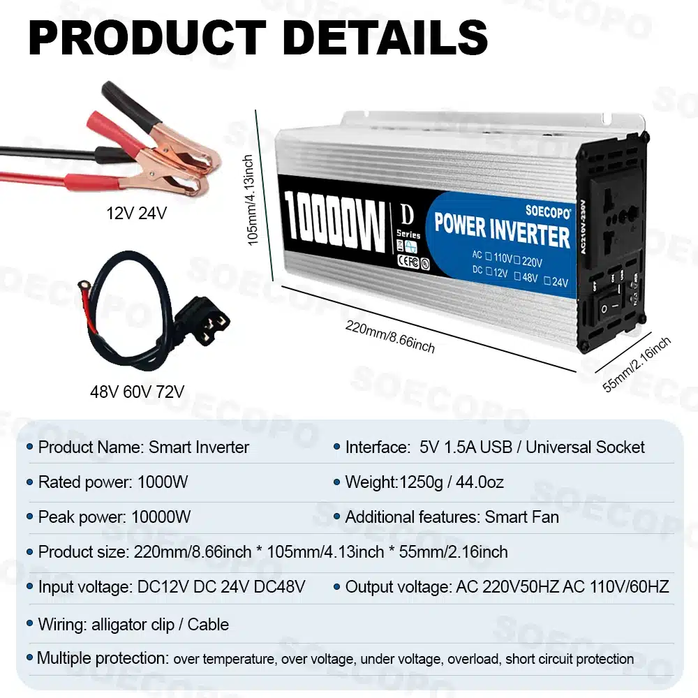 Portable 10000W Inverter 12V/24V/48V DC to 220V AC with Universal Outlet for Solar/RV/Home Backup System with USB Port & CE - 画像 (2)