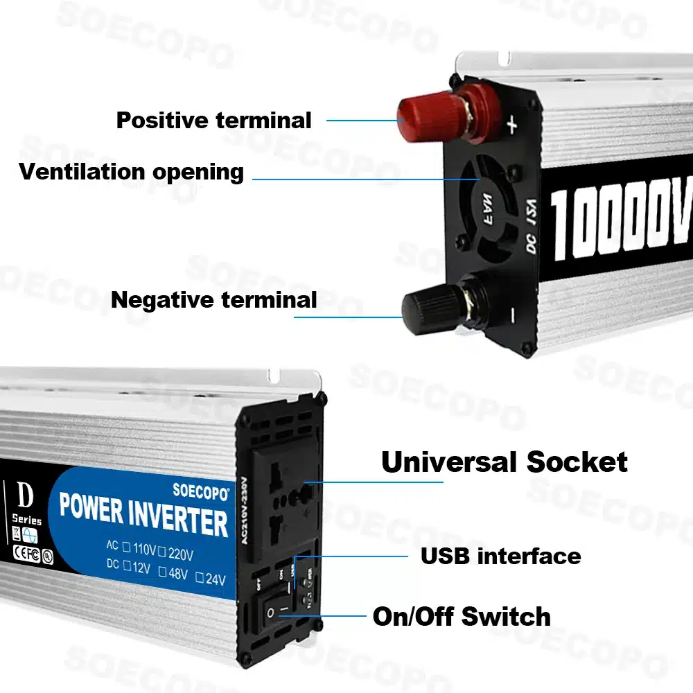 Portable 10000W Inverter 12V/24V/48V DC to 220V AC with Universal Outlet for Solar/RV/Home Backup System with USB Port & CE - 画像 (5)