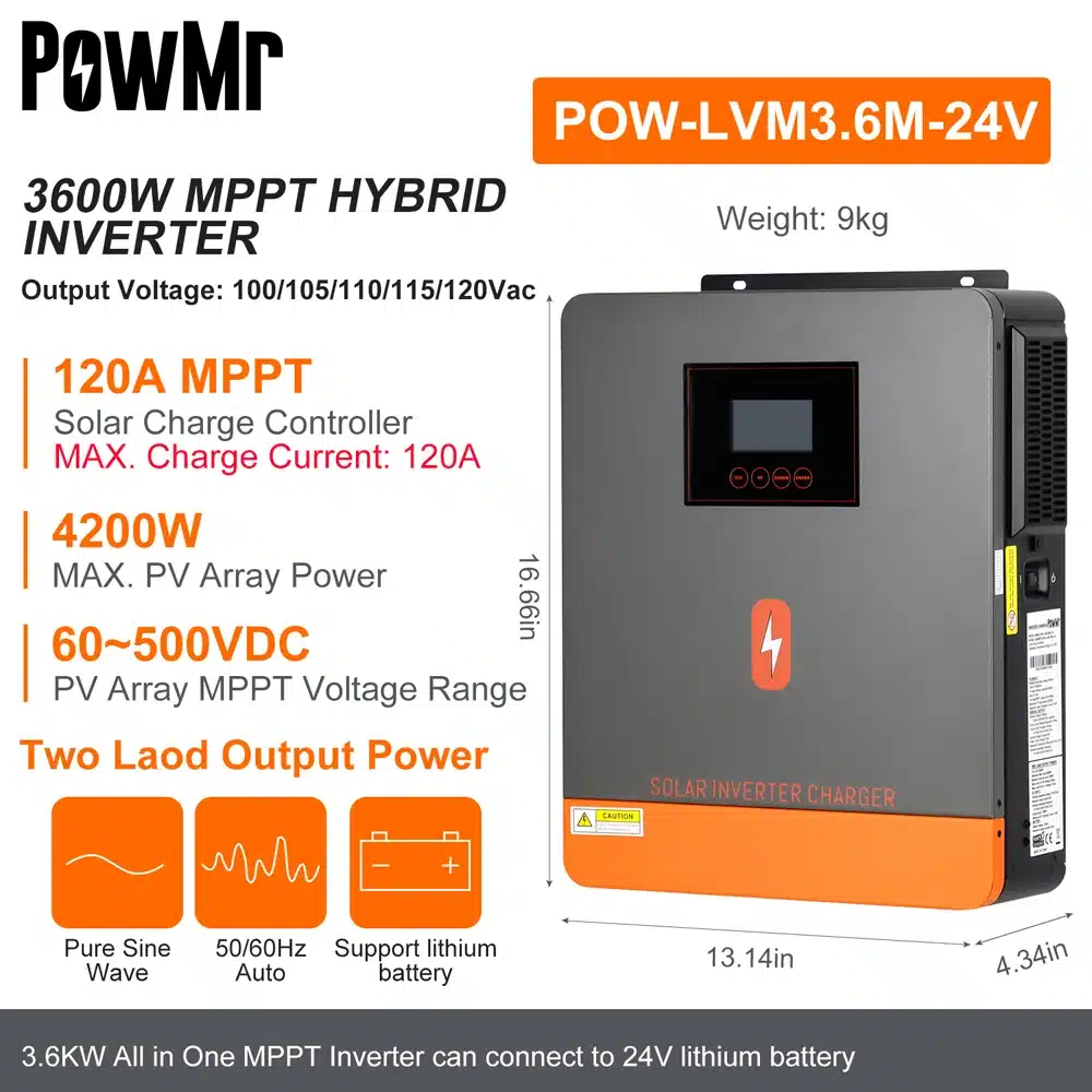 PowMr 3.6KW Hybrid Solar Inverter 24V to 110V 120V With Pure Sine Wave 120A MPPT Solar Charge Controller for 60~500V Solar Panel - 画像 (2)