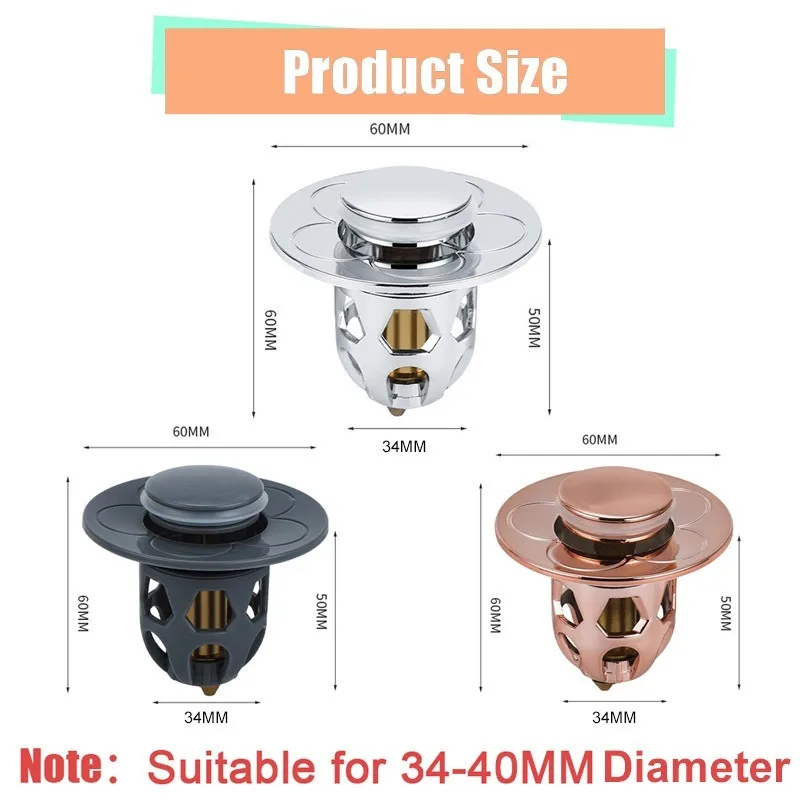 Copper Pop-Up Bounce Core Aperture 34-40mm Basin Drain Filter Hair Catcher Sink Strainer Bathtub Stopper Bath Plug Bathroom Tool - 画像 (5)