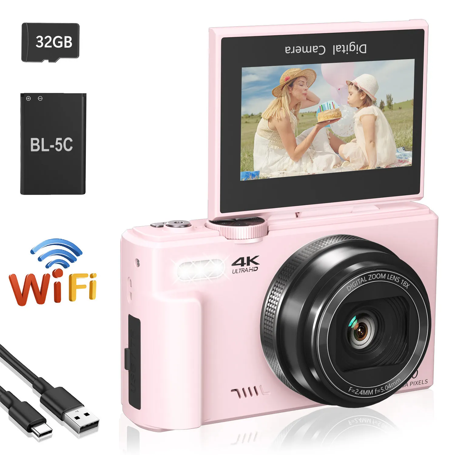 4K compact digital photography camera, 18x digital zoom, vintage vlog video recorder for YouTube, 180° flip screen, WiFi webcam - 画像 (8)