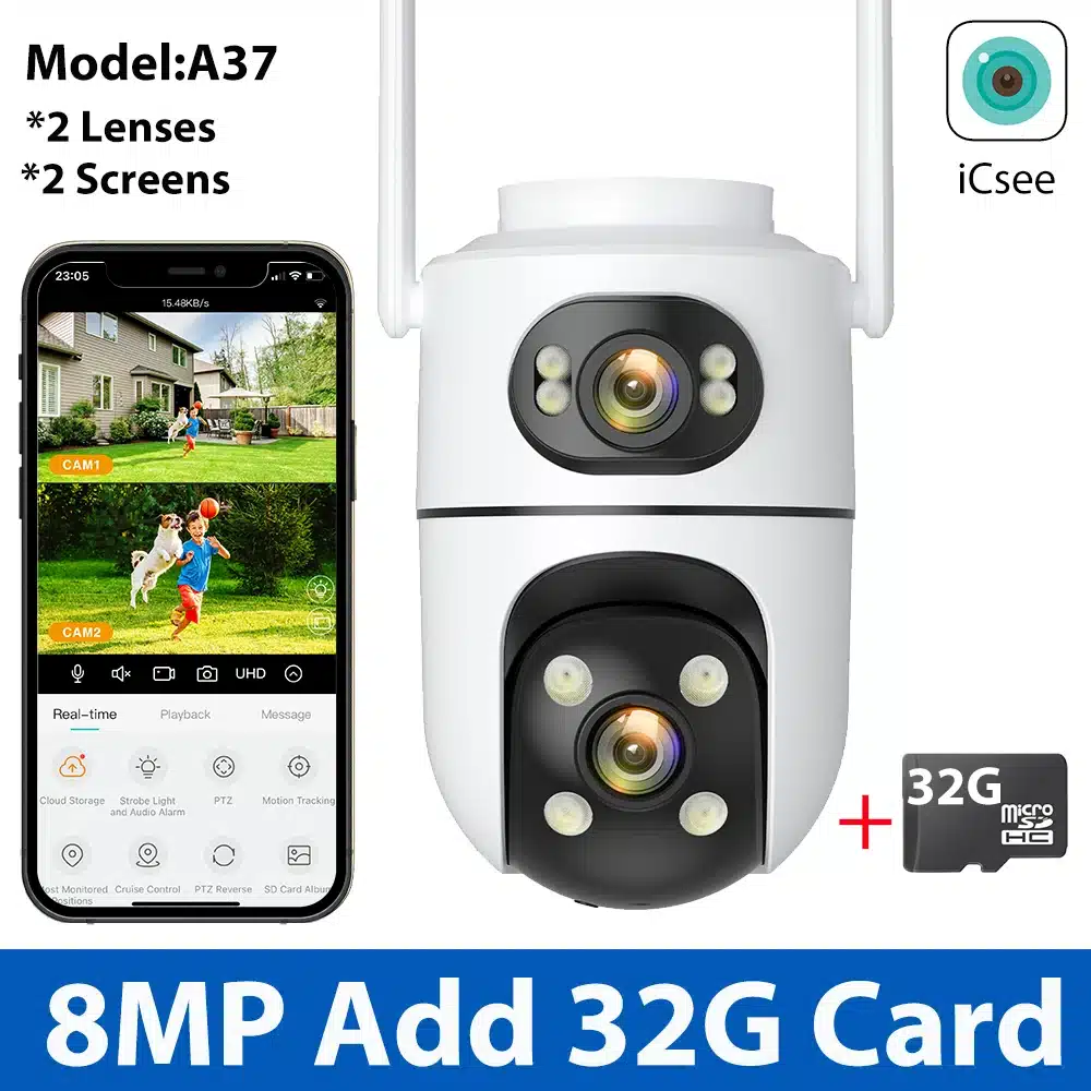 12MP 6K Wifi Camera Three Screens ICsee Surveillance Camera Outdoor Night Vison Ultra Wide View Angle Panoramic Security Camera - 画像 (9)