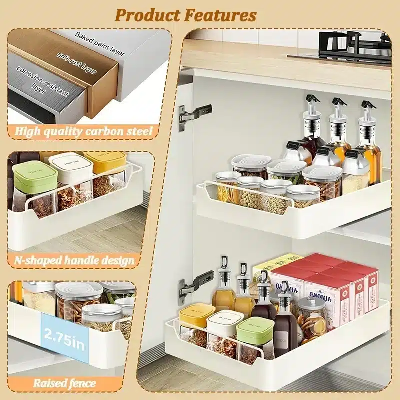 ZEXEF Kitchen Storage Box with Sliding Rail Pull-out Cabinet Storage Rack Spice Pantry Shelves Drawer Kitchen Organizer Basket - 画像 (3)