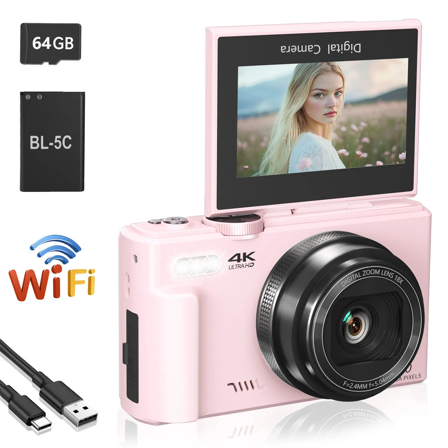 4K compact digital photography camera, 18x digital zoom, vintage vlog video recorder for YouTube, 180° flip screen, WiFi webcam - 画像 (10)