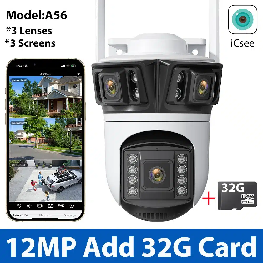 12MP 6K Wifi Camera Three Screens ICsee Surveillance Camera Outdoor Night Vison Ultra Wide View Angle Panoramic Security Camera - 画像 (13)