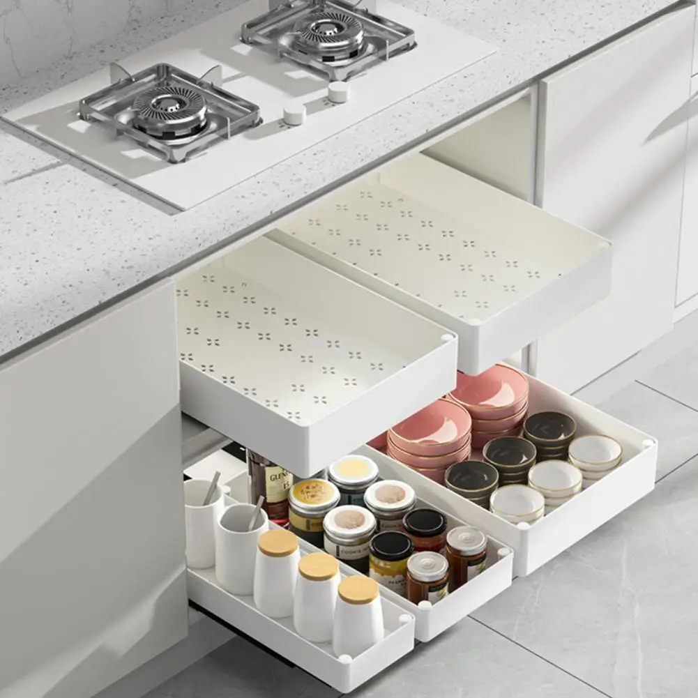 Pull Out Cabinet Organizer Kitchen Expandable Storage Box with Divider Racks Slide Out Drawers for Kitchen Cabinets Spice Shelf - 画像 (3)