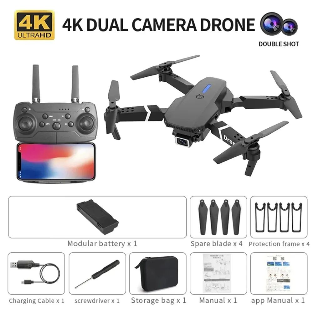 Professional Drone E88 4K Wide-Angle HD 1080P Camera WiFi FPV Height Hold Foldable RC Drone Quadrotor Helicopter Children's Toys - 画像 (8)