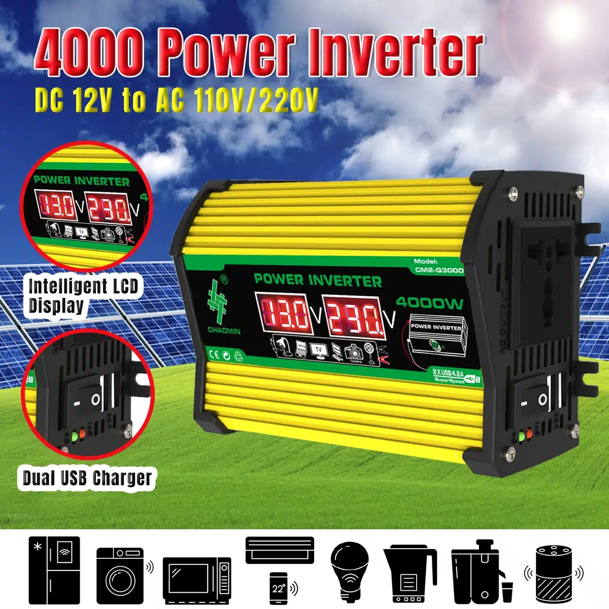 SOECOPO 220V Solar Panel 4000W Power Inverter 100A Charge Controller Dual USB 5V/2.5A, 12V/24V Auto, Emergency Power Supply - 画像 (2)