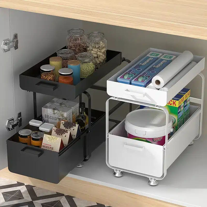 Kitchen Pull Out Shelf Floor Standing Carbon Steel Double Storage Rack Multifunctional Drawer Cabinet Under Sink Organizer - 画像 (4)