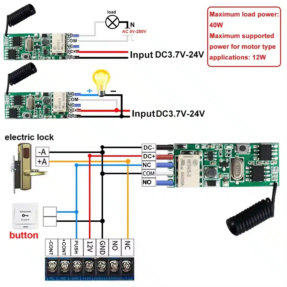 Universal Wireless Remote Control Switch 1 CH RF Relay Receiver LED Light Controller DIY Kit DC 3.7V 5V 12V 24V 433.92MHz - 画像 (5)