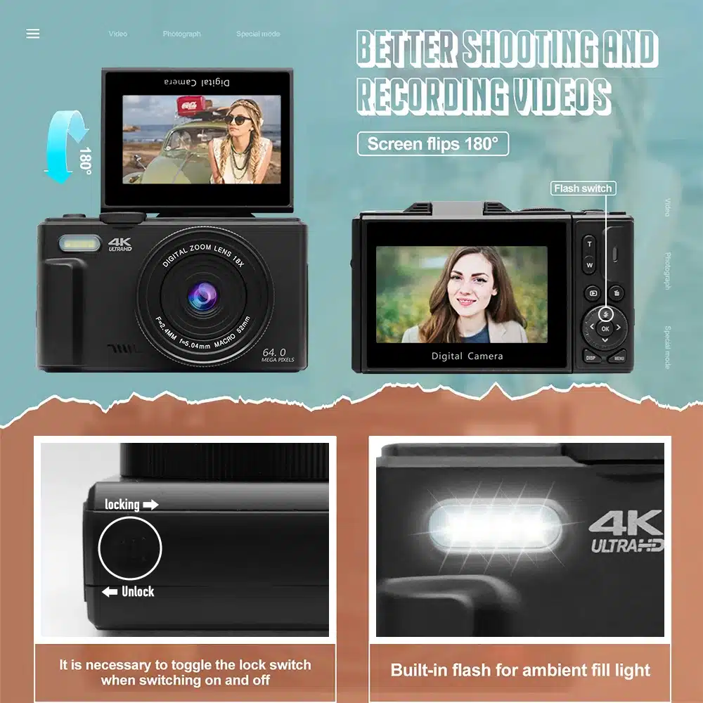 Compact Digital Photography Camera 4K 18X Digital Zoom Vintage Vlog Video Recorder YouTube 180° Flip Screen Selfile With Flash - 画像 (5)
