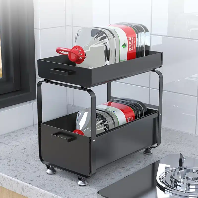 Kitchen Pull Out Shelf Floor Standing Carbon Steel Double Storage Rack Multifunctional Drawer Cabinet Under Sink Organizer - 画像 (5)