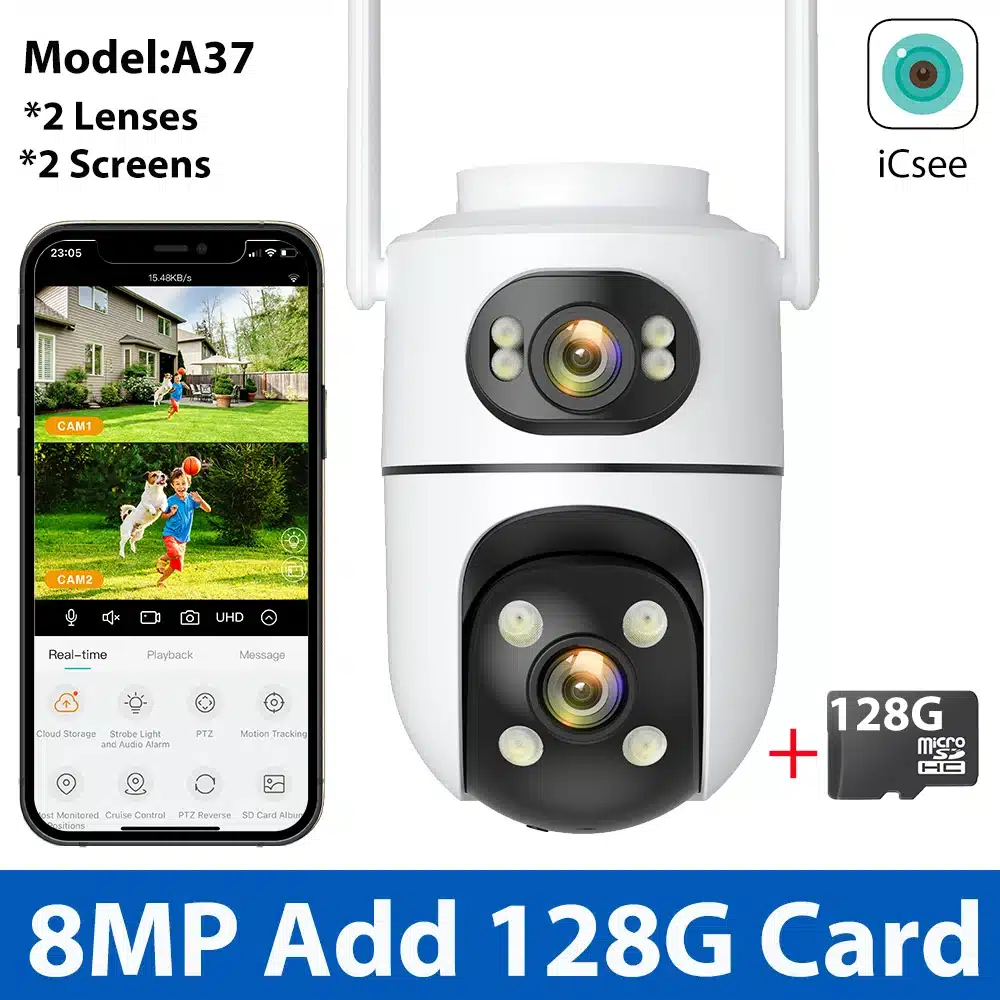 12MP 6K Wifi Camera Three Screens ICsee Surveillance Camera Outdoor Night Vison Ultra Wide View Angle Panoramic Security Camera - 画像 (11)