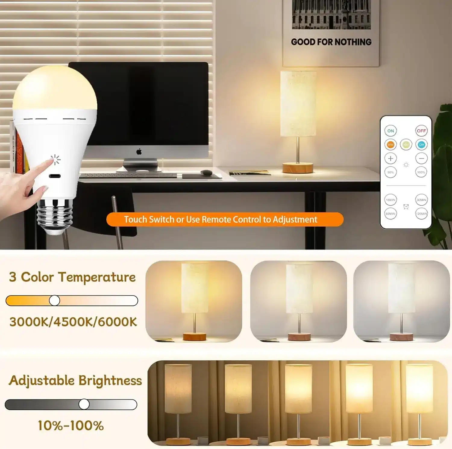 3/RGB color USB Led Bulb Rechargeable Light Bulb Smart Bulb Dimmable E27 Bulbs with Timing Cordless Battery Operated Light Bulb - 画像 (3)