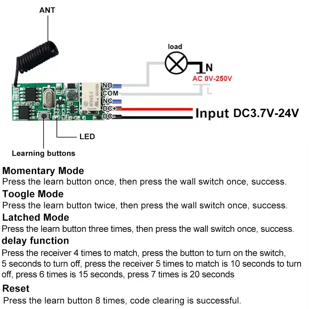 Universal Wireless Remote Control Switch 1 CH RF Relay Receiver LED Light Controller DIY Kit DC 3.7V 5V 12V 24V 433.92MHz - 画像 (4)