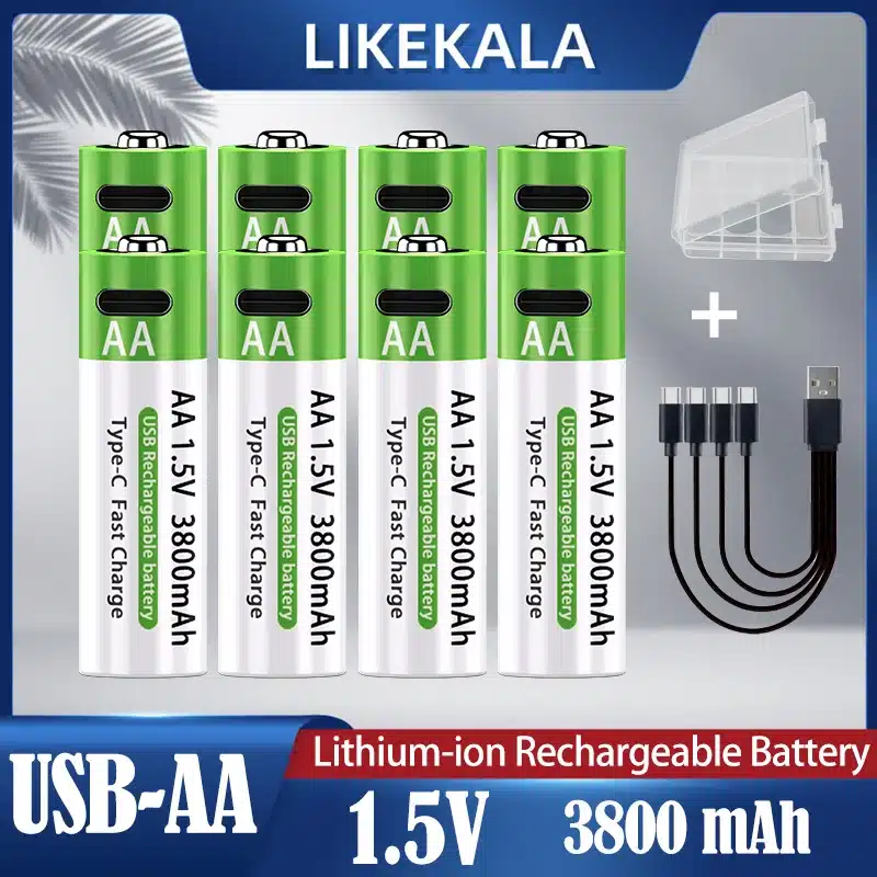LIKEKALA Li-ion AA Rechargeable Batteries USB Lithium-ion 3800mAh 1.5V AA Rechargeable Batteries+ Data Cable and Storage Box