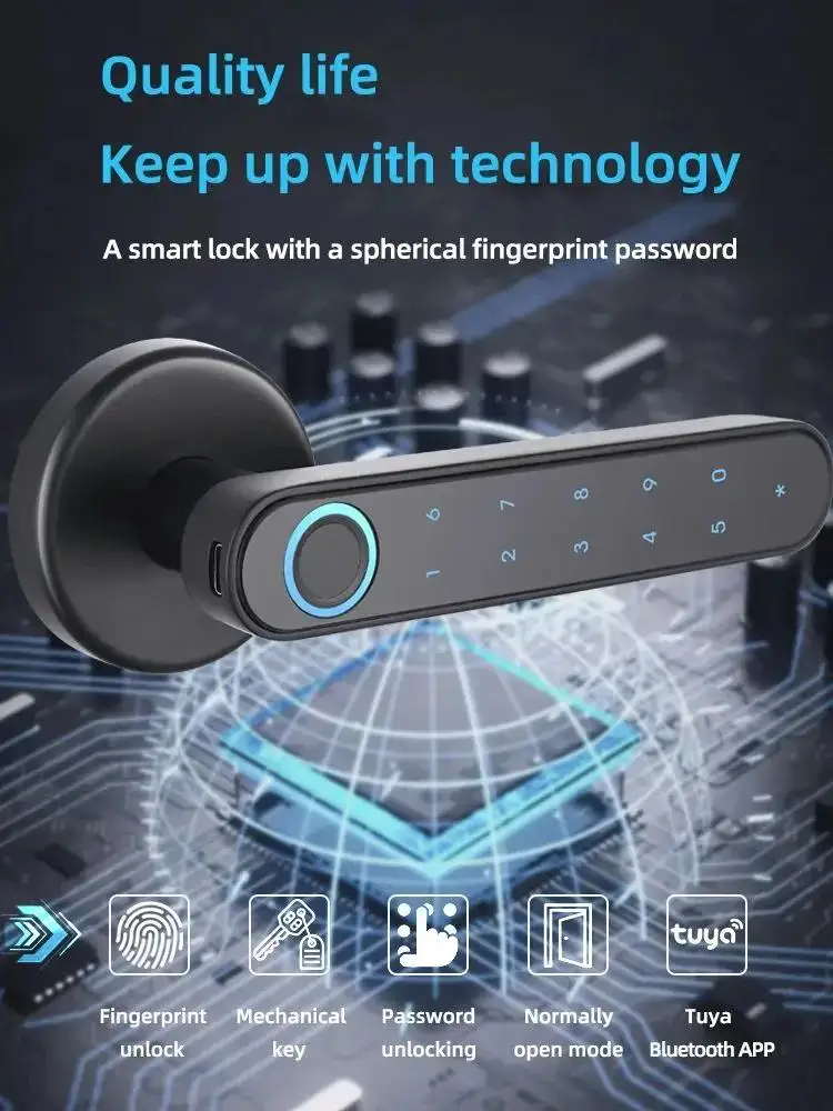 Tuya Bluetooth Smart Fingerprint Door Lock With Password Mechanical Key Unlocking For Wooden Door Single Handle Smartlife - 画像 (4)