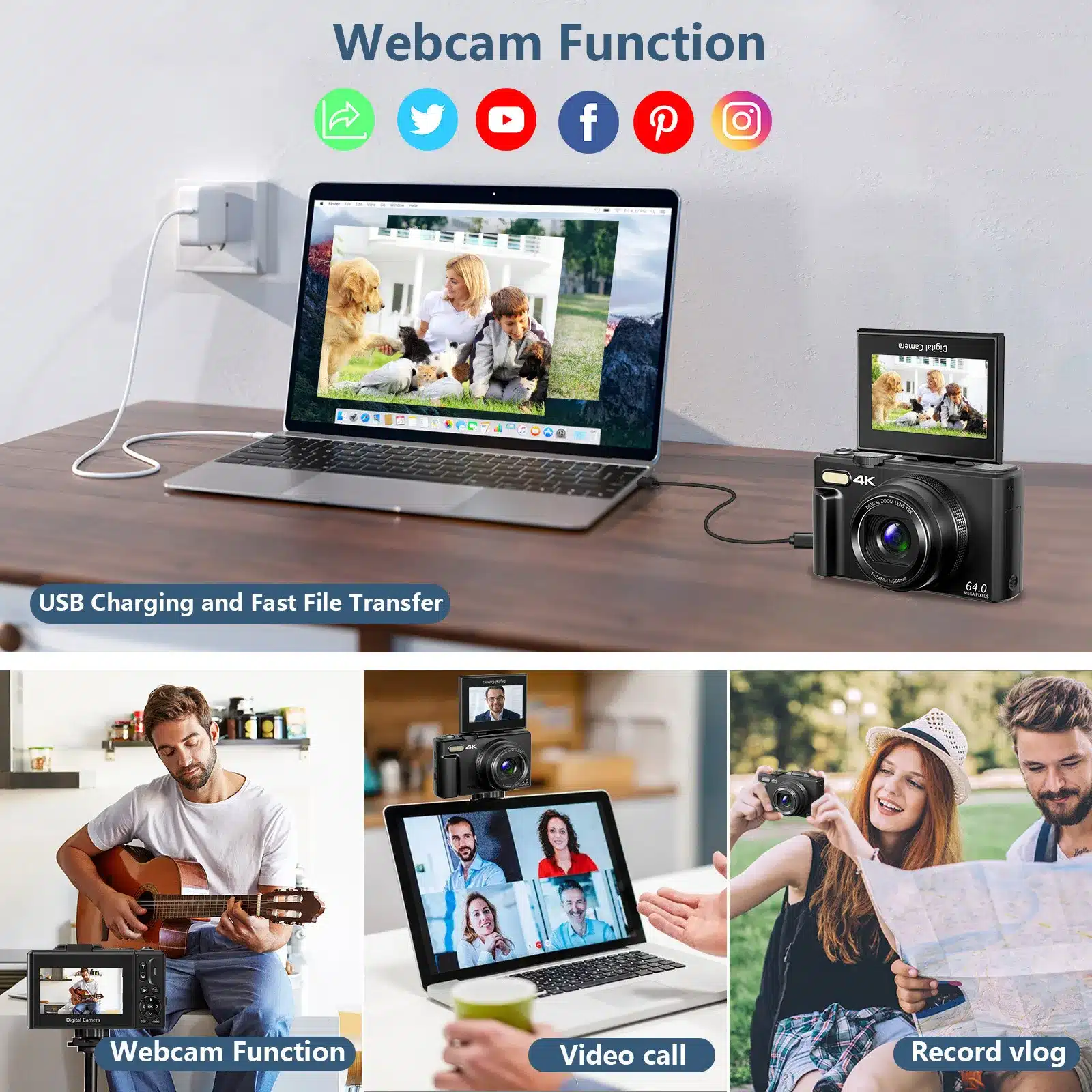 4K compact digital photography camera, 18x digital zoom, vintage vlog video recorder for YouTube, 180° flip screen, WiFi webcam - 画像 (3)