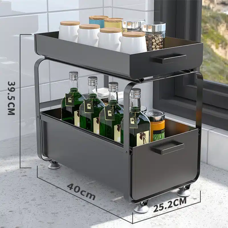 Kitchen Pull Out Shelf Floor Standing Carbon Steel Double Storage Rack Multifunctional Drawer Cabinet Under Sink Organizer - 画像 (7)