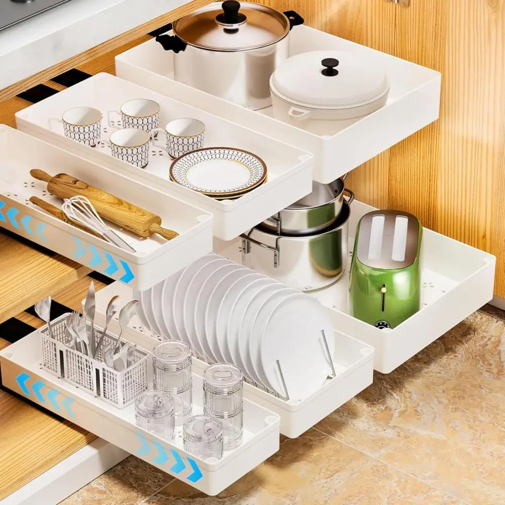 Pull Out Cabinet Organizer Kitchen Expandable Storage Box with Divider Racks Slide Out Drawers for Kitchen Cabinets Spice Shelf - 画像 (2)