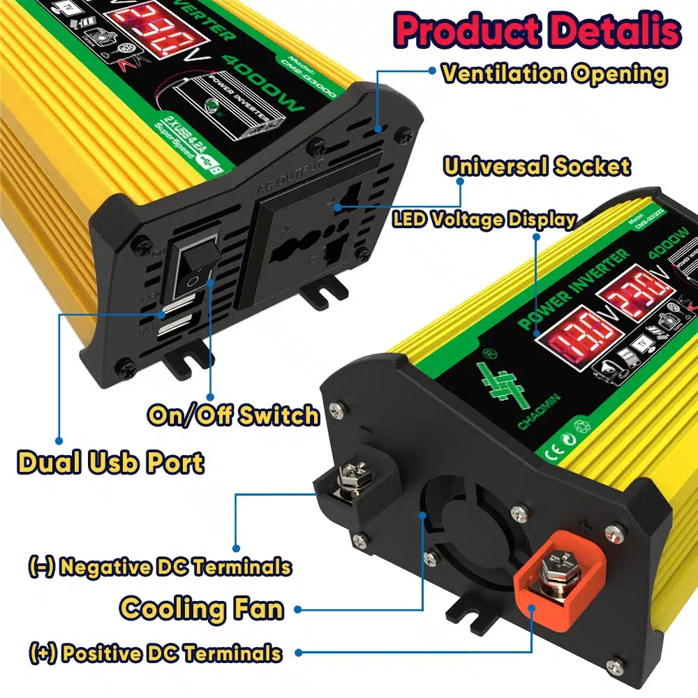 SOECOPO 220V Solar Panel 4000W Power Inverter 100A Charge Controller Dual USB 5V/2.5A, 12V/24V Auto, Emergency Power Supply - 画像 (3)