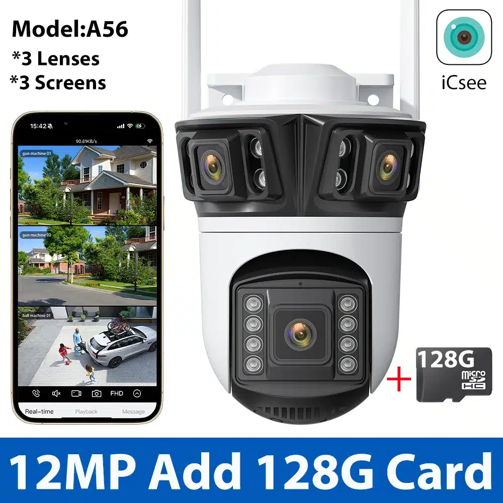 12MP 6K Wifi Camera Three Screens ICsee Surveillance Camera Outdoor Night Vison Ultra Wide View Angle Panoramic Security Camera - 画像 (15)