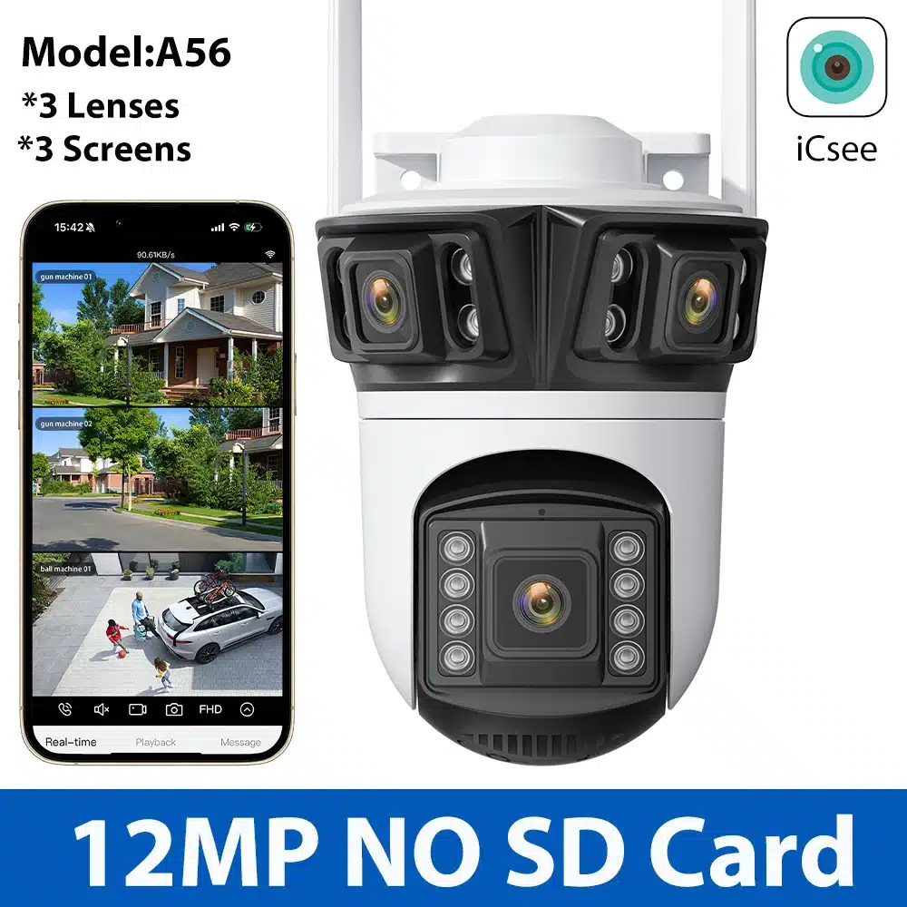 12MP 6K Wifi Camera Three Screens ICsee Surveillance Camera Outdoor Night Vison Ultra Wide View Angle Panoramic Security Camera - 画像 (12)